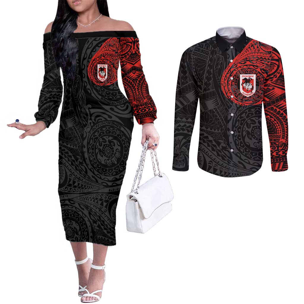 Personalized St George Illawarra Dragons Couples Matching Off The Shoulder Long Sleeve Dress and Long Sleeve Button Shirt Polynesian Tribal Chest and Sleeve Tattoo