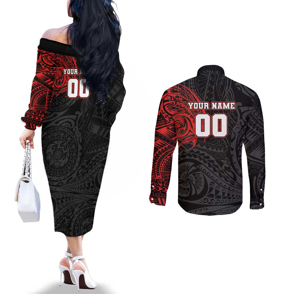Personalized St George Illawarra Dragons Couples Matching Off The Shoulder Long Sleeve Dress and Long Sleeve Button Shirt Polynesian Tribal Chest and Sleeve Tattoo