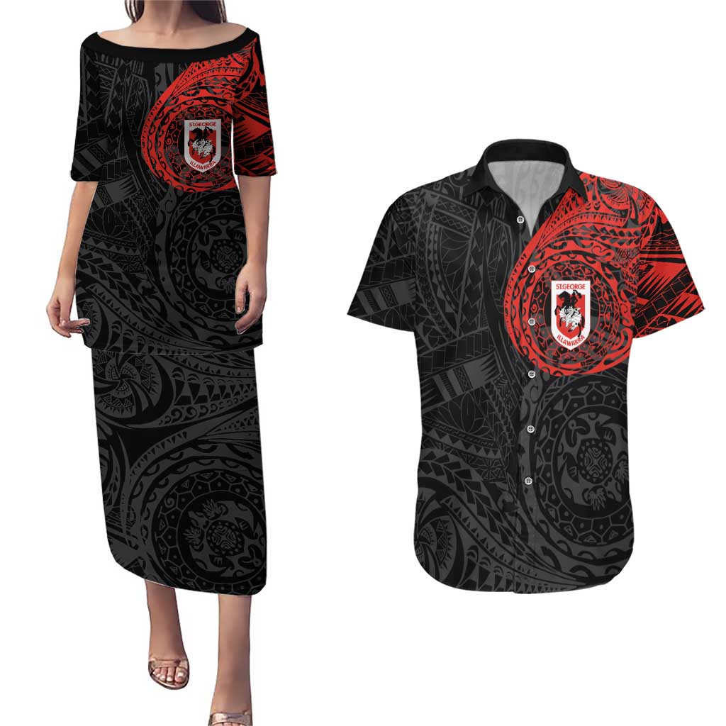 Personalized St George Illawarra Dragons Couples Matching Puletasi and Hawaiian Shirt Polynesian Tribal Chest and Sleeve Tattoo