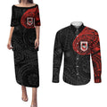 Personalized St George Illawarra Dragons Couples Matching Puletasi and Long Sleeve Button Shirt Polynesian Tribal Chest and Sleeve Tattoo