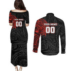 Personalized St George Illawarra Dragons Couples Matching Puletasi and Long Sleeve Button Shirt Polynesian Tribal Chest and Sleeve Tattoo
