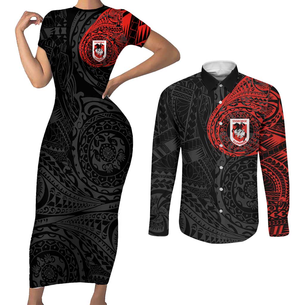 Personalized St George Illawarra Dragons Couples Matching Short Sleeve Bodycon Dress and Long Sleeve Button Shirt Polynesian Tribal Chest and Sleeve Tattoo
