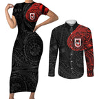 Personalized St George Illawarra Dragons Couples Matching Short Sleeve Bodycon Dress and Long Sleeve Button Shirt Polynesian Tribal Chest and Sleeve Tattoo
