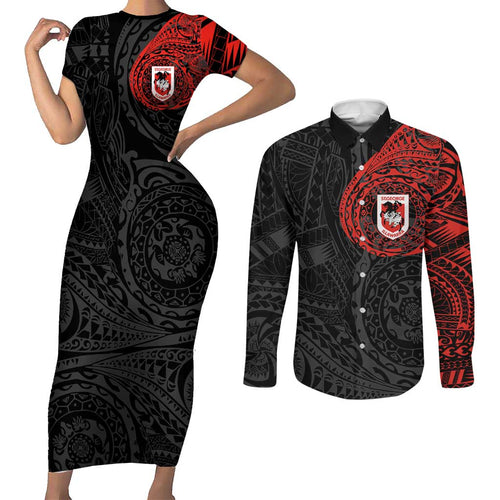 Personalized St George Illawarra Dragons Couples Matching Short Sleeve Bodycon Dress and Long Sleeve Button Shirt Polynesian Tribal Chest and Sleeve Tattoo