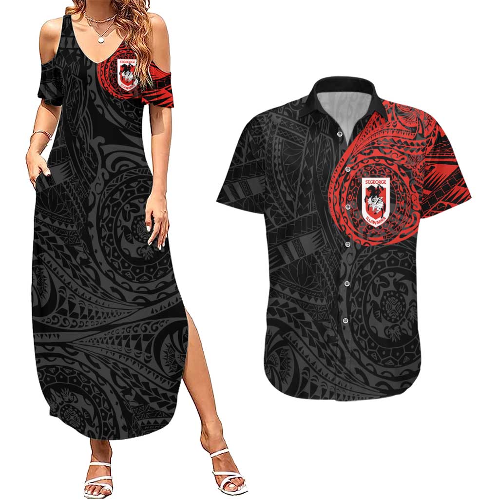 Personalized St George Illawarra Dragons Couples Matching Summer Maxi Dress and Hawaiian Shirt Polynesian Tribal Chest and Sleeve Tattoo