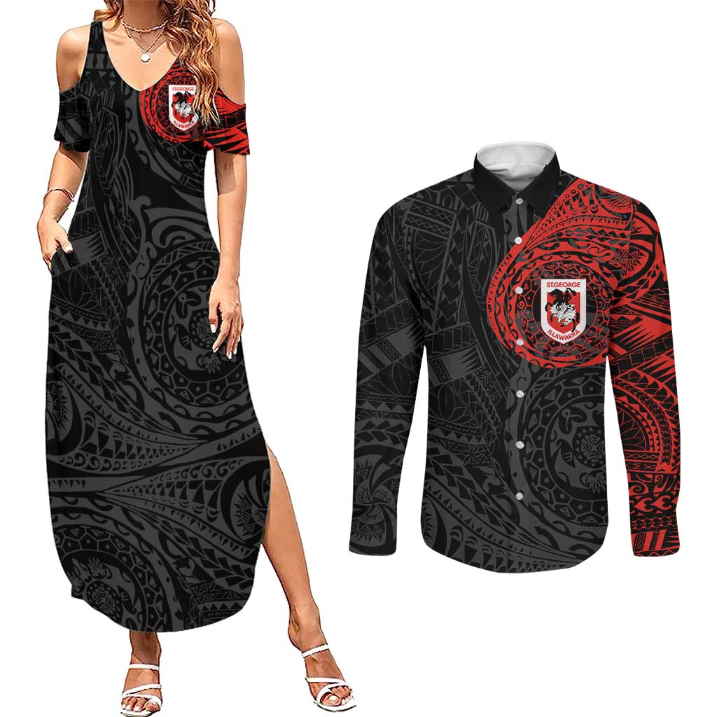 Personalized St George Illawarra Dragons Couples Matching Summer Maxi Dress and Long Sleeve Button Shirt Polynesian Tribal Chest and Sleeve Tattoo