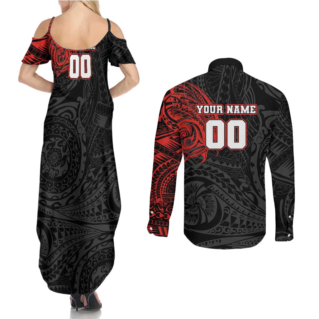 Personalized St George Illawarra Dragons Couples Matching Summer Maxi Dress and Long Sleeve Button Shirt Polynesian Tribal Chest and Sleeve Tattoo