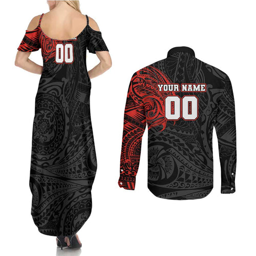 Personalized St George Illawarra Dragons Couples Matching Summer Maxi Dress and Long Sleeve Button Shirt Polynesian Tribal Chest and Sleeve Tattoo