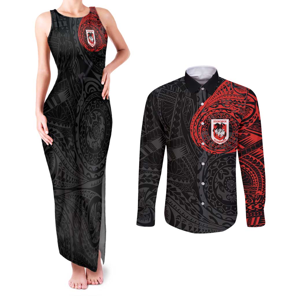 Personalized St George Illawarra Dragons Couples Matching Tank Maxi Dress and Long Sleeve Button Shirt Polynesian Tribal Chest and Sleeve Tattoo
