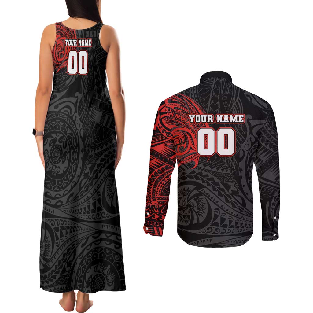 Personalized St George Illawarra Dragons Couples Matching Tank Maxi Dress and Long Sleeve Button Shirt Polynesian Tribal Chest and Sleeve Tattoo