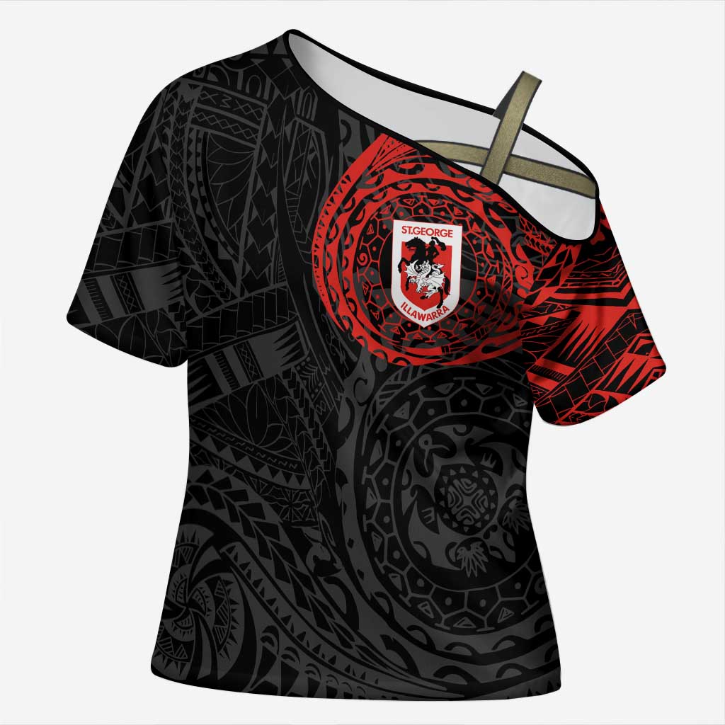 Personalized St George Illawarra Dragons Cross Shoulder Shirt Polynesian Tribal Chest and Sleeve Tattoo