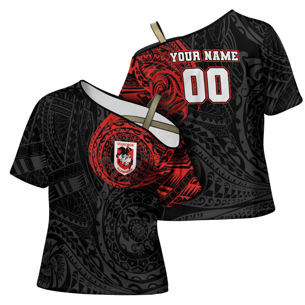 Personalized St George Illawarra Dragons Cross Shoulder Shirt Polynesian Tribal Chest and Sleeve Tattoo