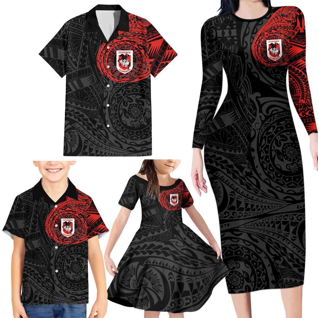 Personalized St George Illawarra Dragons Family Matching Long Sleeve Bodycon Dress and Hawaiian Shirt Polynesian Tribal Chest and Sleeve Tattoo