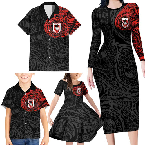 Personalized St George Illawarra Dragons Family Matching Long Sleeve Bodycon Dress and Hawaiian Shirt Polynesian Tribal Chest and Sleeve Tattoo