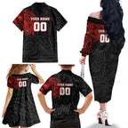 Personalized St George Illawarra Dragons Family Matching Off The Shoulder Long Sleeve Dress and Hawaiian Shirt Polynesian Tribal Chest and Sleeve Tattoo