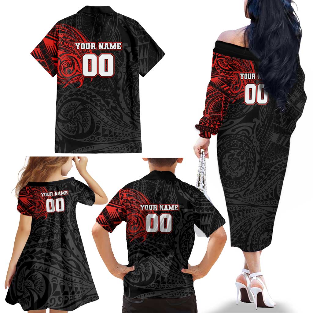 Personalized St George Illawarra Dragons Family Matching Off The Shoulder Long Sleeve Dress and Hawaiian Shirt Polynesian Tribal Chest and Sleeve Tattoo