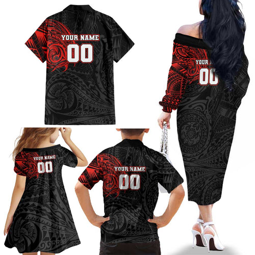 Personalized St George Illawarra Dragons Family Matching Off The Shoulder Long Sleeve Dress and Hawaiian Shirt Polynesian Tribal Chest and Sleeve Tattoo