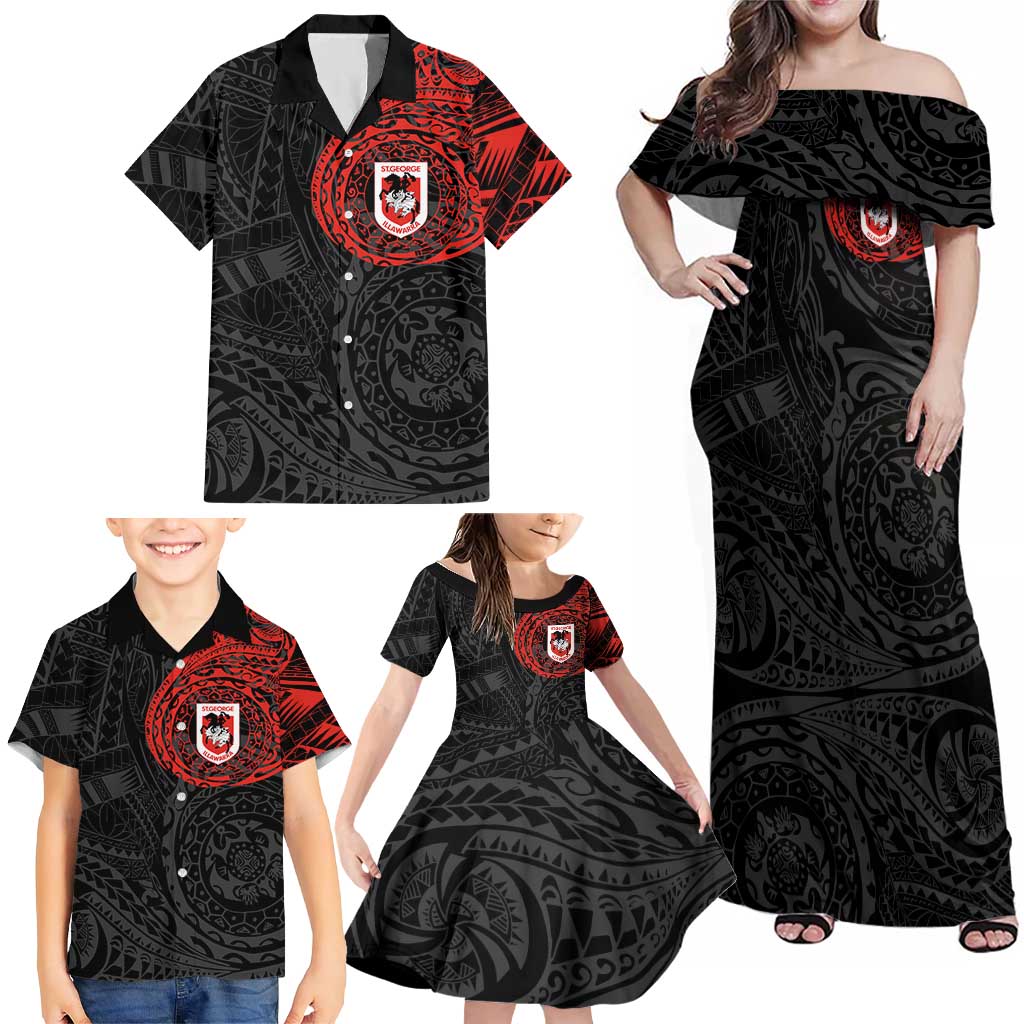 Personalized St George Illawarra Dragons Family Matching Off Shoulder Maxi Dress and Hawaiian Shirt Polynesian Tribal Chest and Sleeve Tattoo