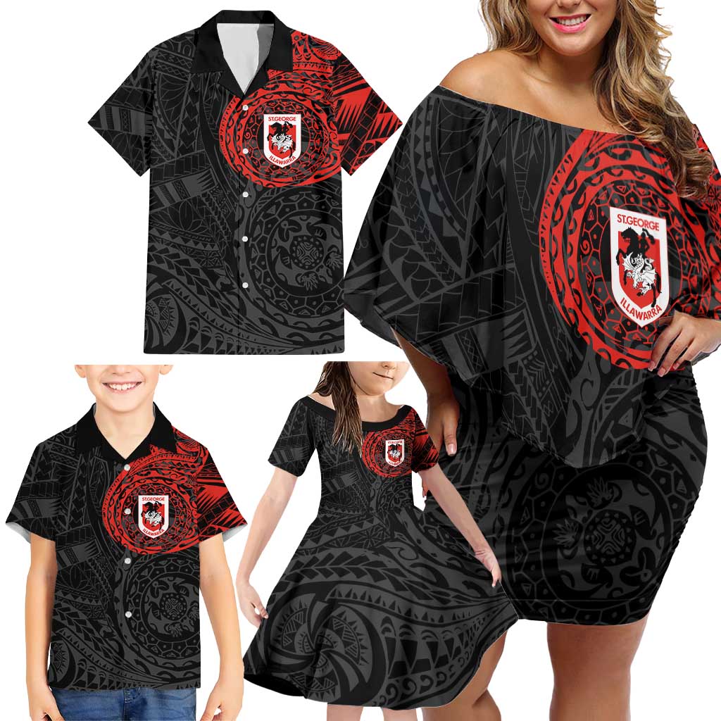 Personalized St George Illawarra Dragons Family Matching Off Shoulder Short Dress and Hawaiian Shirt Polynesian Tribal Chest and Sleeve Tattoo
