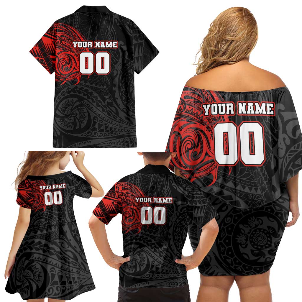 Personalized St George Illawarra Dragons Family Matching Off Shoulder Short Dress and Hawaiian Shirt Polynesian Tribal Chest and Sleeve Tattoo