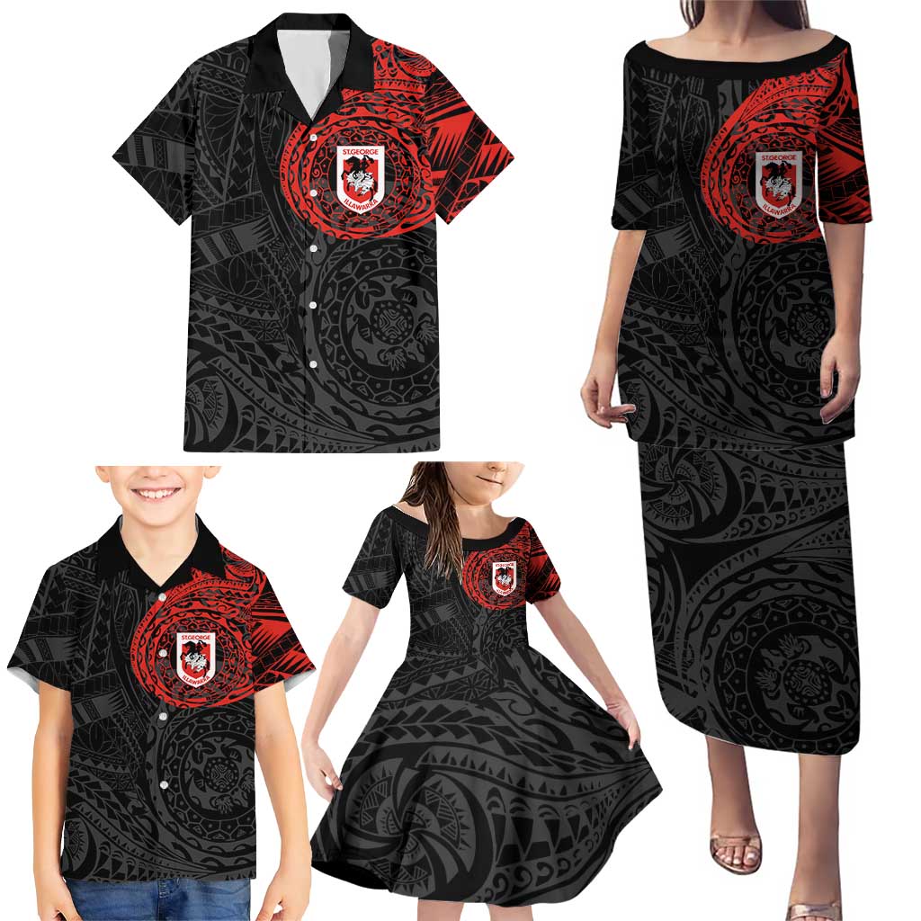 Personalized St George Illawarra Dragons Family Matching Puletasi and Hawaiian Shirt Polynesian Tribal Chest and Sleeve Tattoo