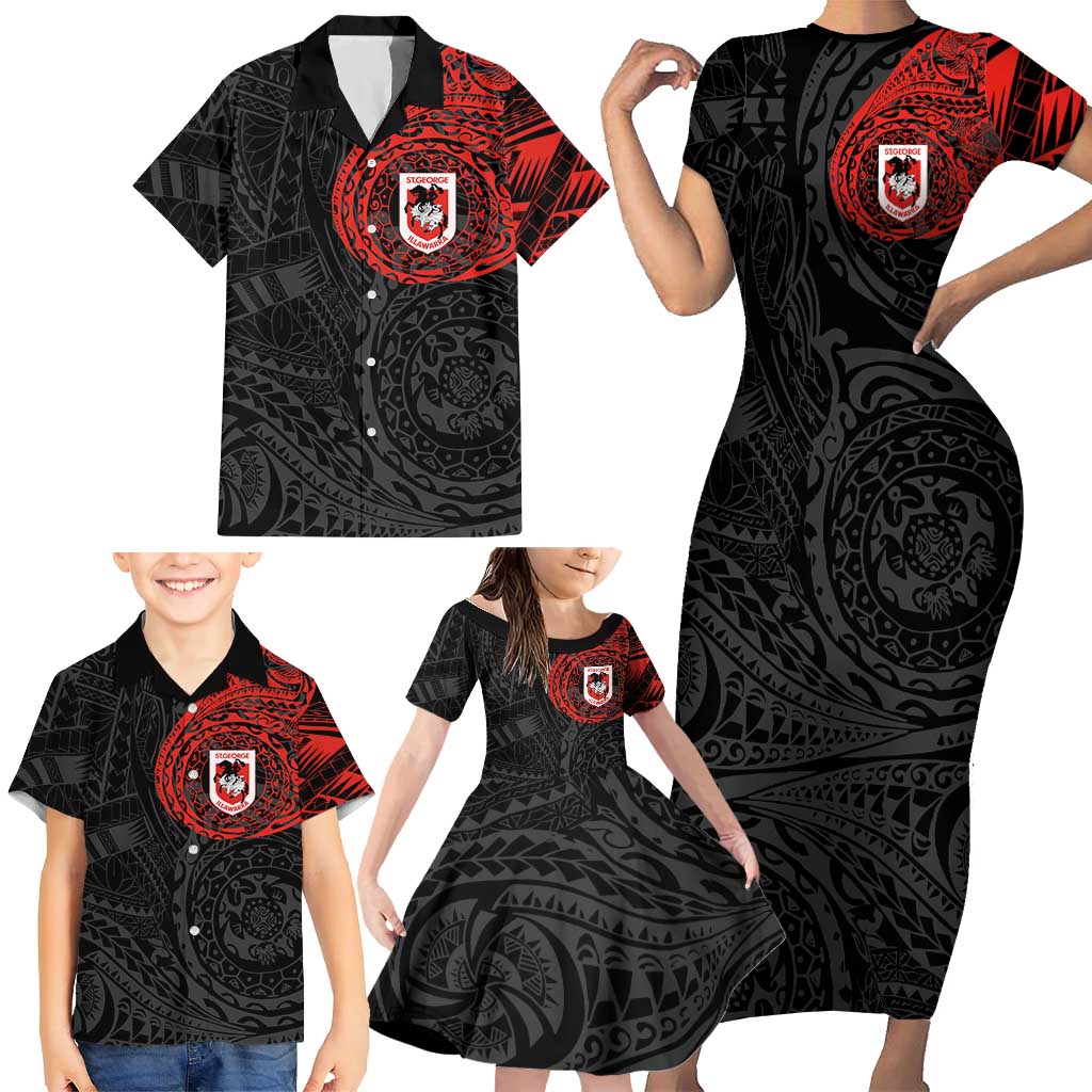 Personalized St George Illawarra Dragons Family Matching Short Sleeve Bodycon Dress and Hawaiian Shirt Polynesian Tribal Chest and Sleeve Tattoo