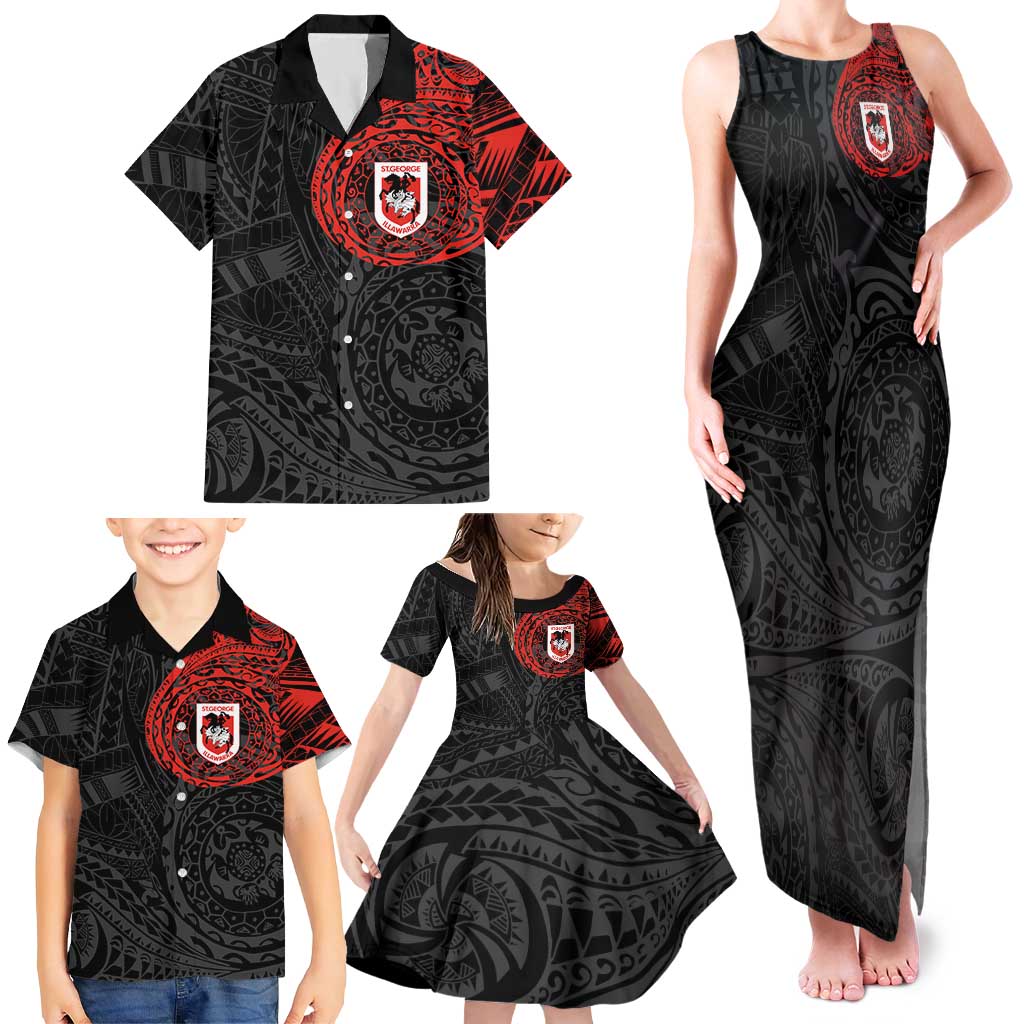 Personalized St George Illawarra Dragons Family Matching Tank Maxi Dress and Hawaiian Shirt Polynesian Tribal Chest and Sleeve Tattoo