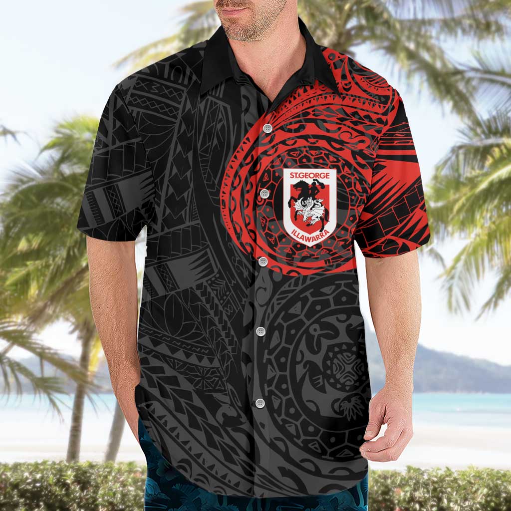 Personalized St George Illawarra Dragons Hawaiian Shirt Polynesian Tribal Chest and Sleeve Tattoo