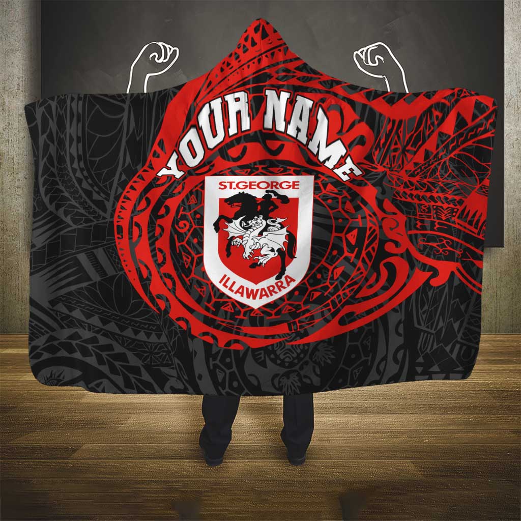Personalized St George Illawarra Dragons Hooded Blanket Polynesian Tribal Chest and Sleeve Tattoo