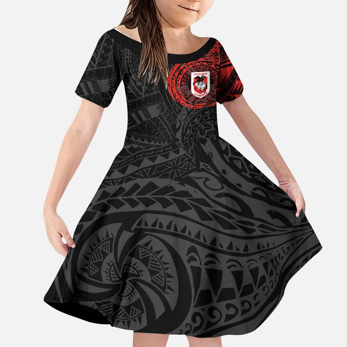 Personalized St George Illawarra Dragons Kid Short Sleeve Dress Polynesian Tribal Chest and Sleeve Tattoo