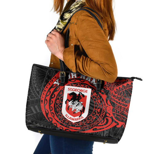 Personalized St George Illawarra Dragons Leather Tote Bag Polynesian Tribal Chest and Sleeve Tattoo