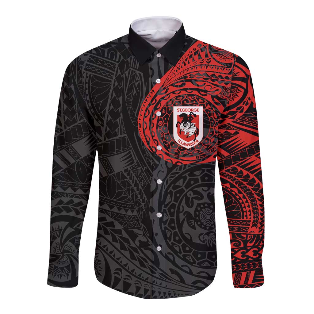 Personalized St George Illawarra Dragons Long Sleeve Button Shirt Polynesian Tribal Chest and Sleeve Tattoo