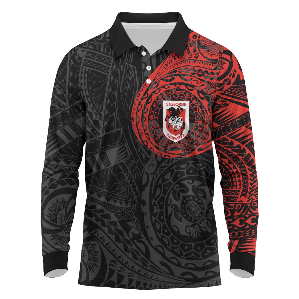 Personalized St George Illawarra Dragons Long Sleeve Polo Shirt Polynesian Tribal Chest and Sleeve Tattoo