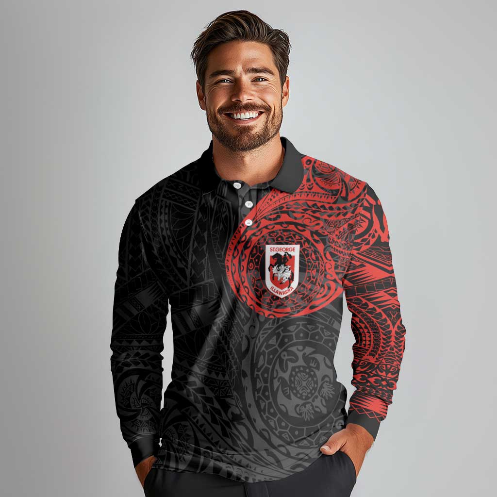 Personalized St George Illawarra Dragons Long Sleeve Polo Shirt Polynesian Tribal Chest and Sleeve Tattoo