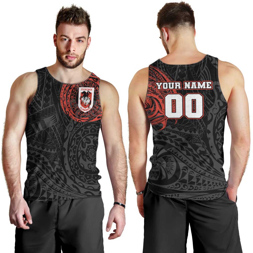Personalized St George Illawarra Dragons Men Tank Top Polynesian Tribal Chest and Sleeve Tattoo