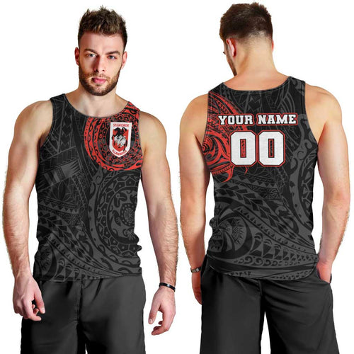 Personalized St George Illawarra Dragons Men Tank Top Polynesian Tribal Chest and Sleeve Tattoo