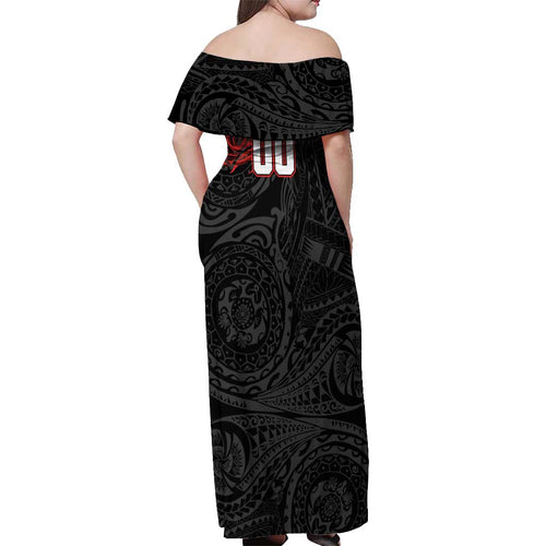Personalized St George Illawarra Dragons Off Shoulder Maxi Dress Polynesian Tribal Chest and Sleeve Tattoo
