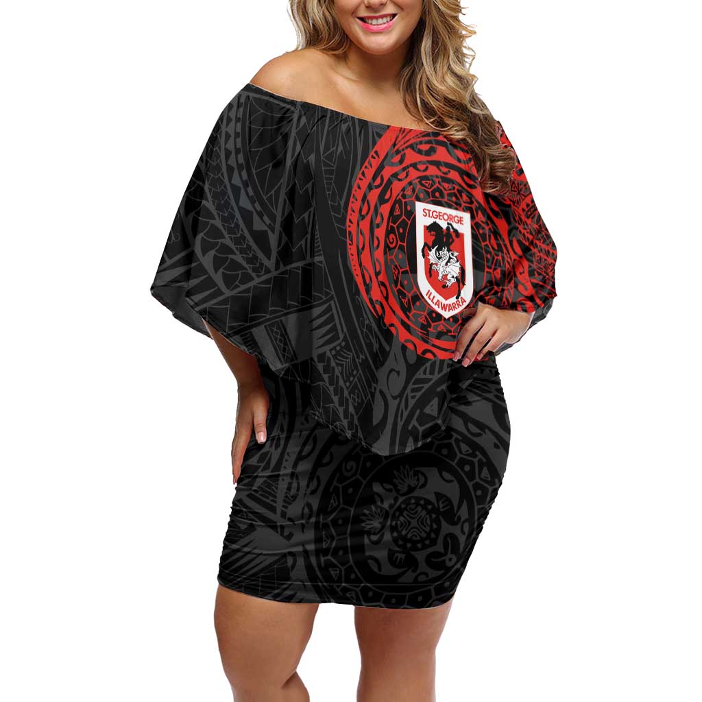 Personalized St George Illawarra Dragons Off Shoulder Short Dress Polynesian Tribal Chest and Sleeve Tattoo
