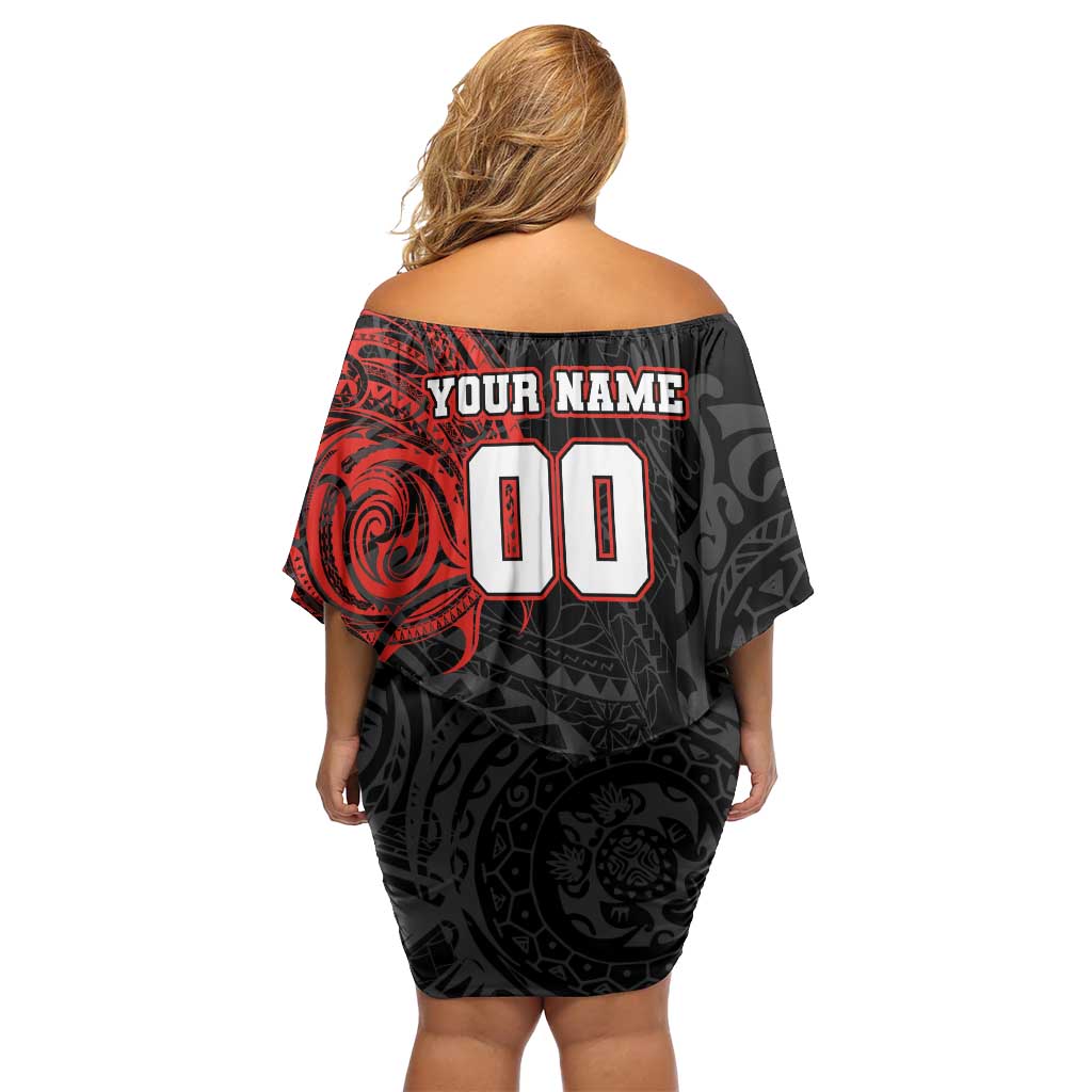 Personalized St George Illawarra Dragons Off Shoulder Short Dress Polynesian Tribal Chest and Sleeve Tattoo