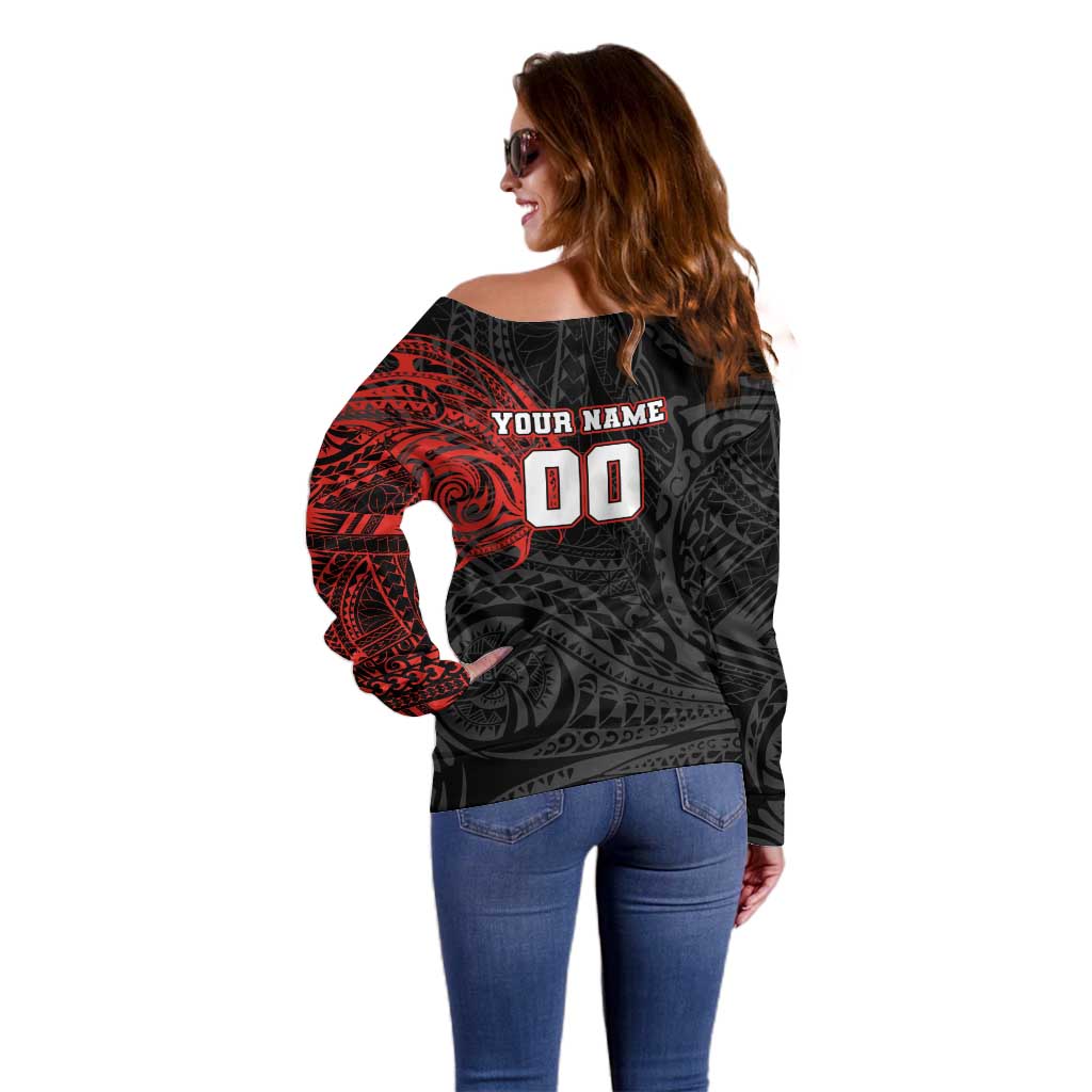 Personalized St George Illawarra Dragons Off Shoulder Sweater Polynesian Tribal Chest and Sleeve Tattoo