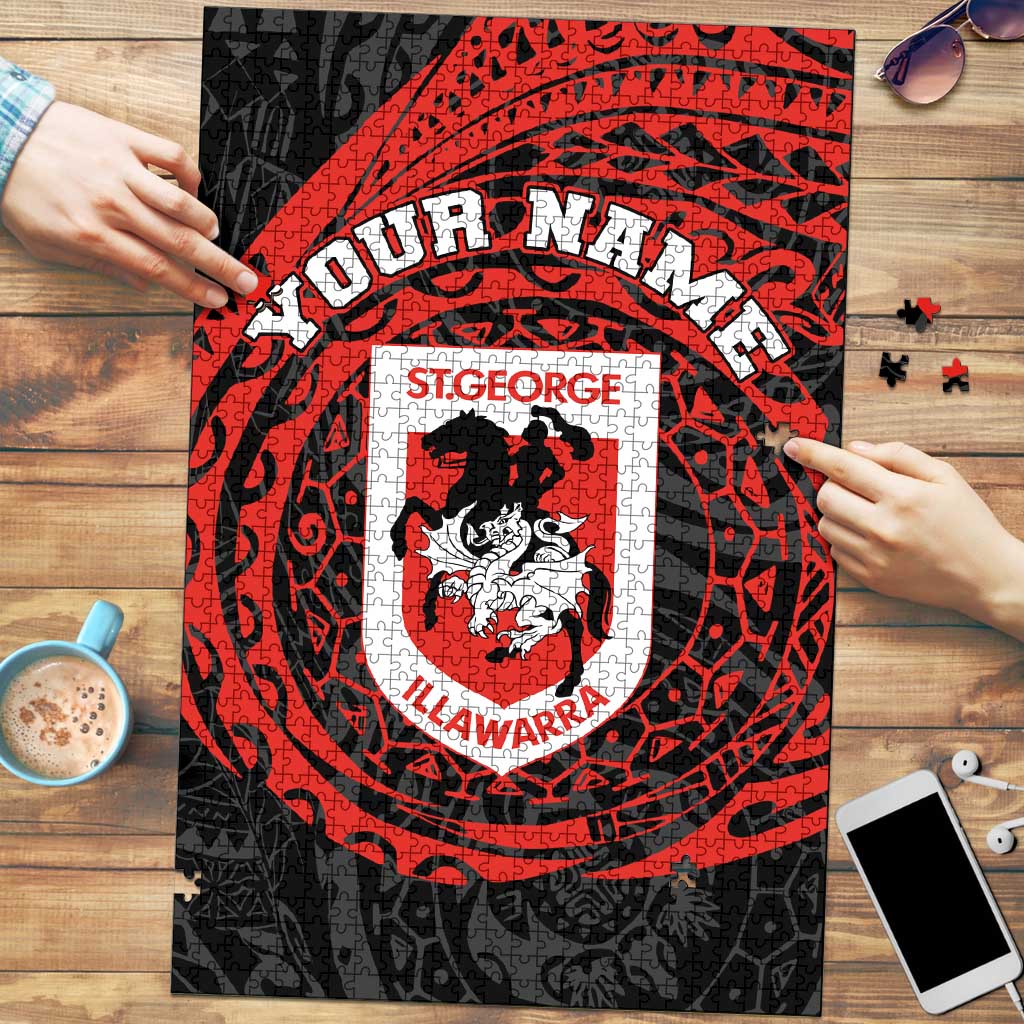 Personalized St George Illawarra Dragons Puzzle Polynesian Tribal Chest and Sleeve Tattoo