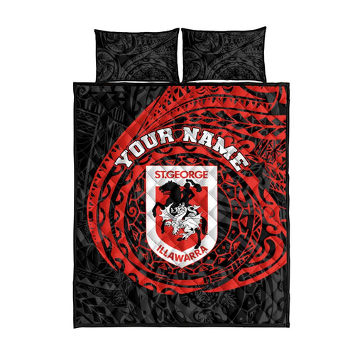 Personalized St George Illawarra Dragons Quilt Bed Set Polynesian Tribal Chest and Sleeve Tattoo