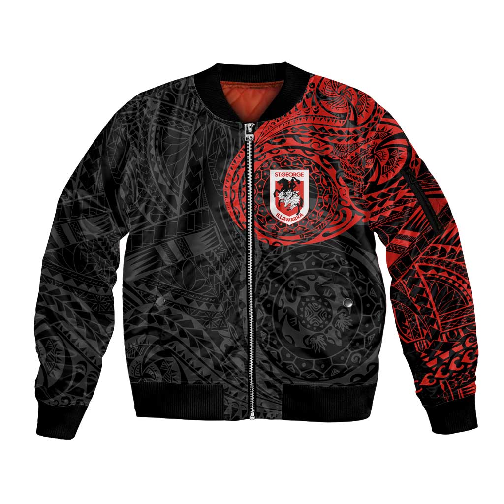 Personalized St George Illawarra Dragons Sleeve Zip Bomber Jacket Polynesian Tribal Chest and Sleeve Tattoo