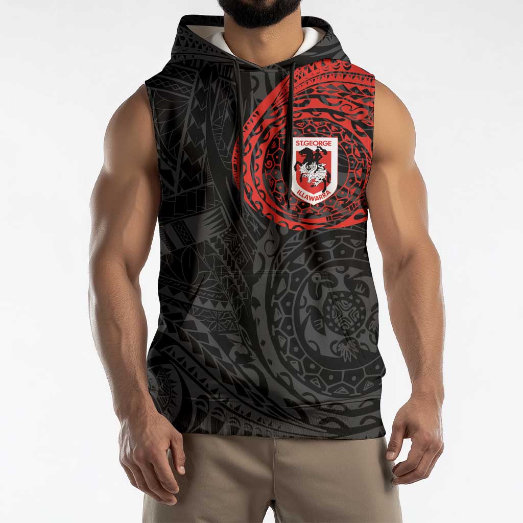 Personalized St George Illawarra Dragons Sleeveless Hoodie Polynesian Tribal Chest and Sleeve Tattoo