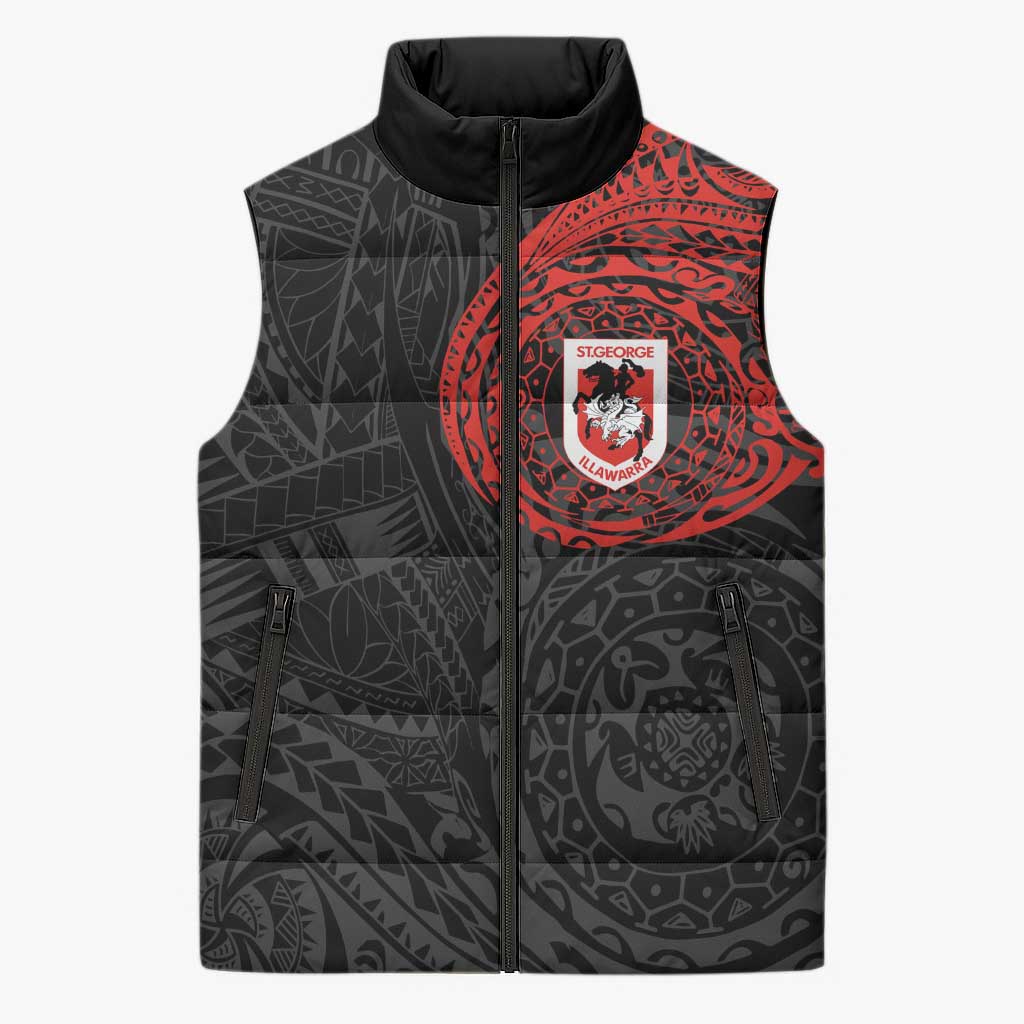 Personalized St George Illawarra Dragons Sleeveless Puffer Jacket Polynesian Tribal Chest and Sleeve Tattoo