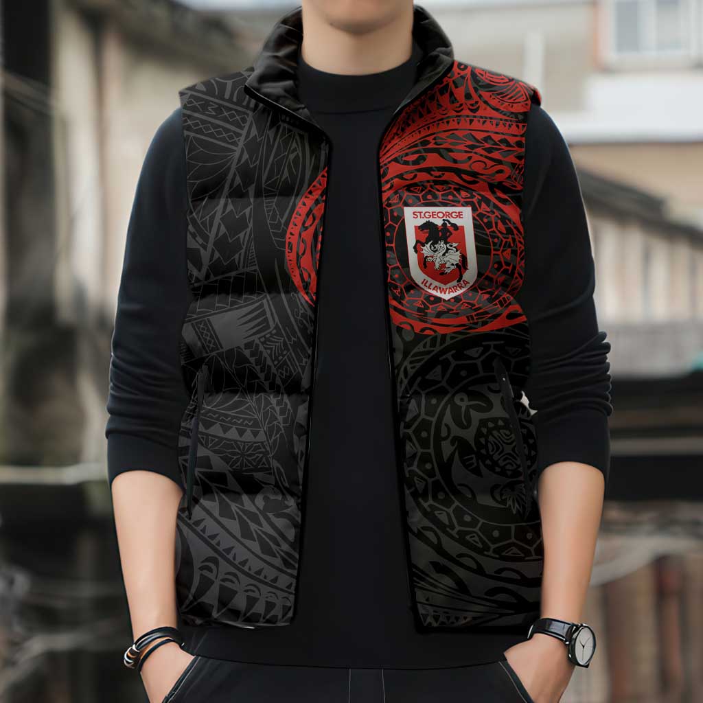 Personalized St George Illawarra Dragons Sleeveless Puffer Jacket Polynesian Tribal Chest and Sleeve Tattoo