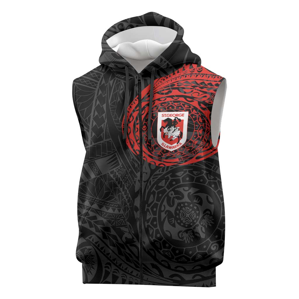 Personalized St George Illawarra Dragons Sleeveless Zip Hoodie Polynesian Tribal Chest and Sleeve Tattoo