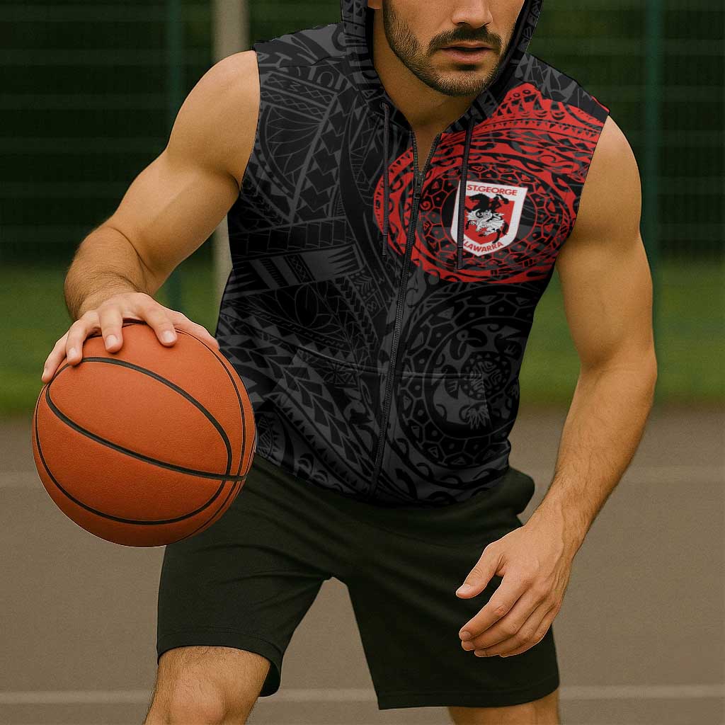 Personalized St George Illawarra Dragons Sleeveless Zip Hoodie Polynesian Tribal Chest and Sleeve Tattoo