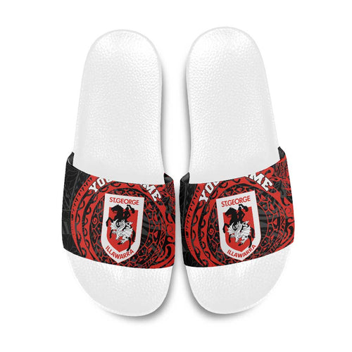 Personalized St George Illawarra Dragons Slide Sandals Polynesian Tribal Chest and Sleeve Tattoo