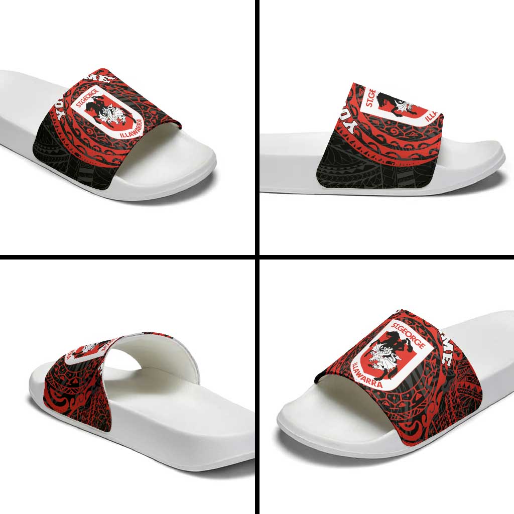 Personalized St George Illawarra Dragons Slide Sandals Polynesian Tribal Chest and Sleeve Tattoo